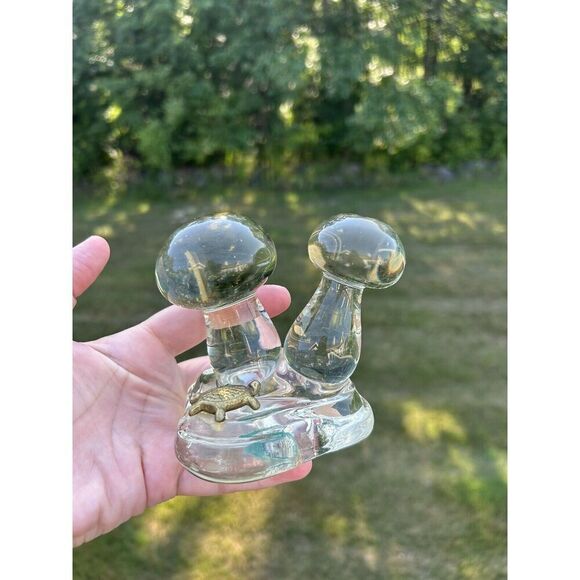 Vintage Double Mushroom Heavy Paperweight,  Clear Glass And Turtle Statute - Picture 4 of 7